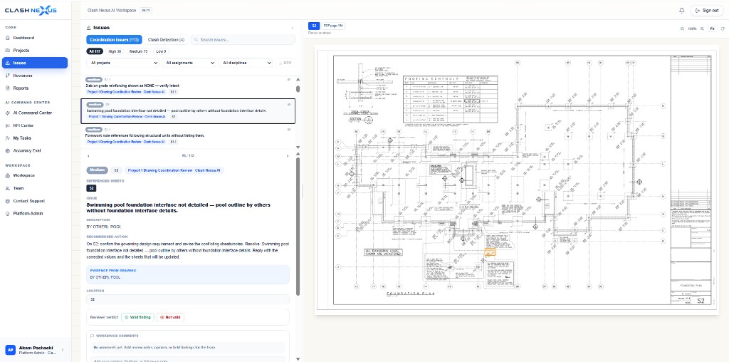 Clash Nexus AI Issues workspace: findings list, issue detail, and drawing viewer with evidence on a foundation plan